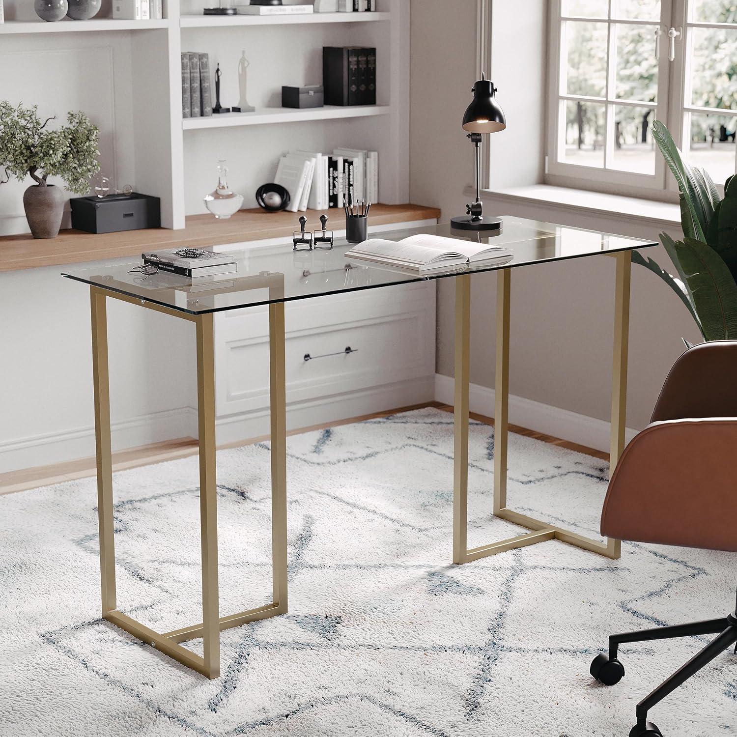 imageMartha Stewart Eli Home Office Desk with Glass Top and Steel Frame Polished BrassClear TopPolished Brass Frame