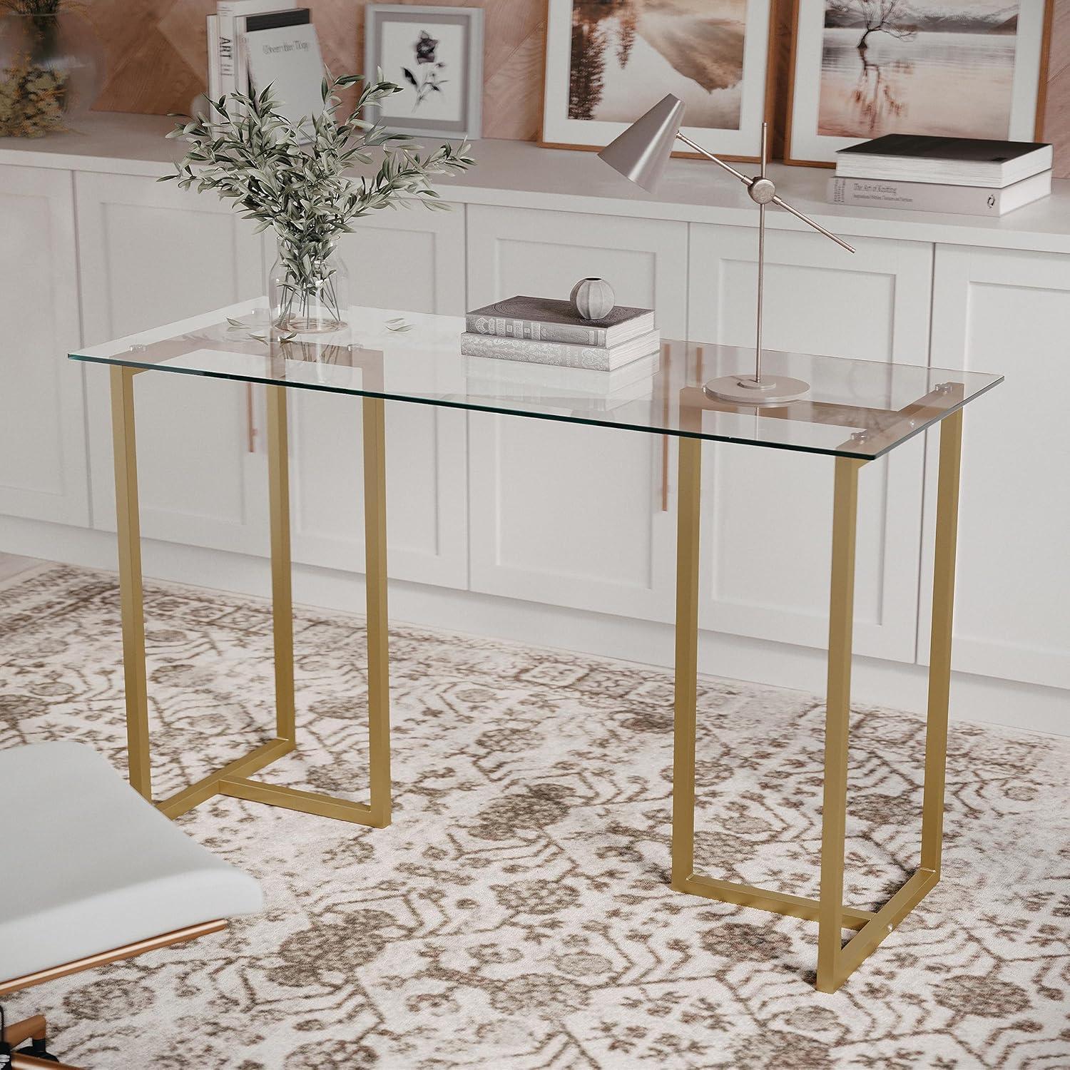 imageMartha Stewart Eli Home Office Desk with Glass Top and Steel Frame Polished BrassClear TopPolished Brass Frame