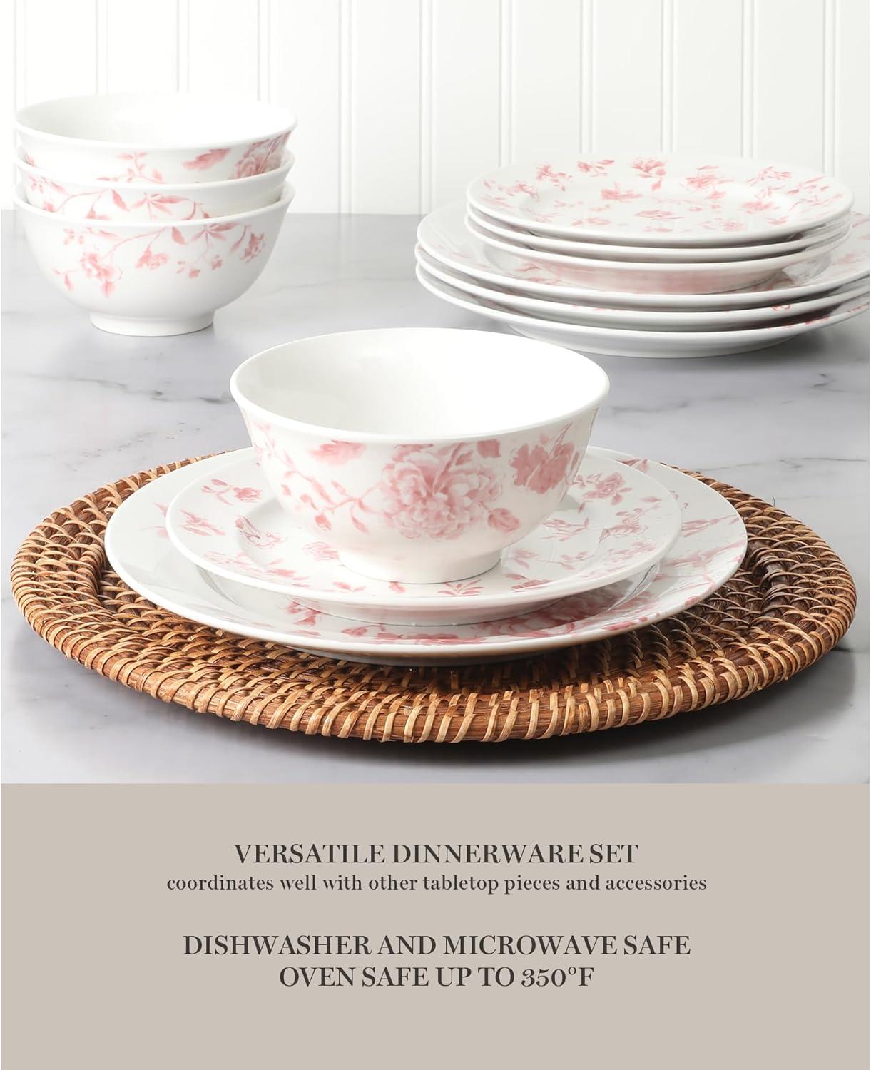 imageMartha Stewart Empress Bouquet 12Piece Decorated Porcelain Chip and Scratch Resistant Dinnerware Plates and Bowls Set  Pink FloralPink Floral