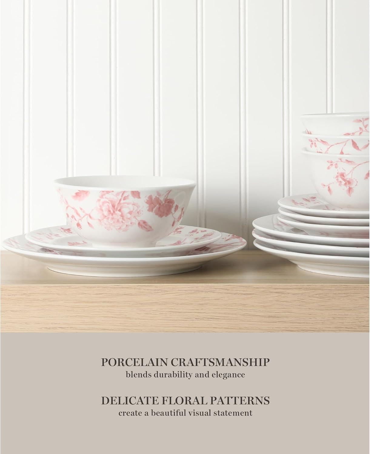 imageMartha Stewart Empress Bouquet 12Piece Decorated Porcelain Chip and Scratch Resistant Dinnerware Plates and Bowls Set  Pink FloralPink Floral