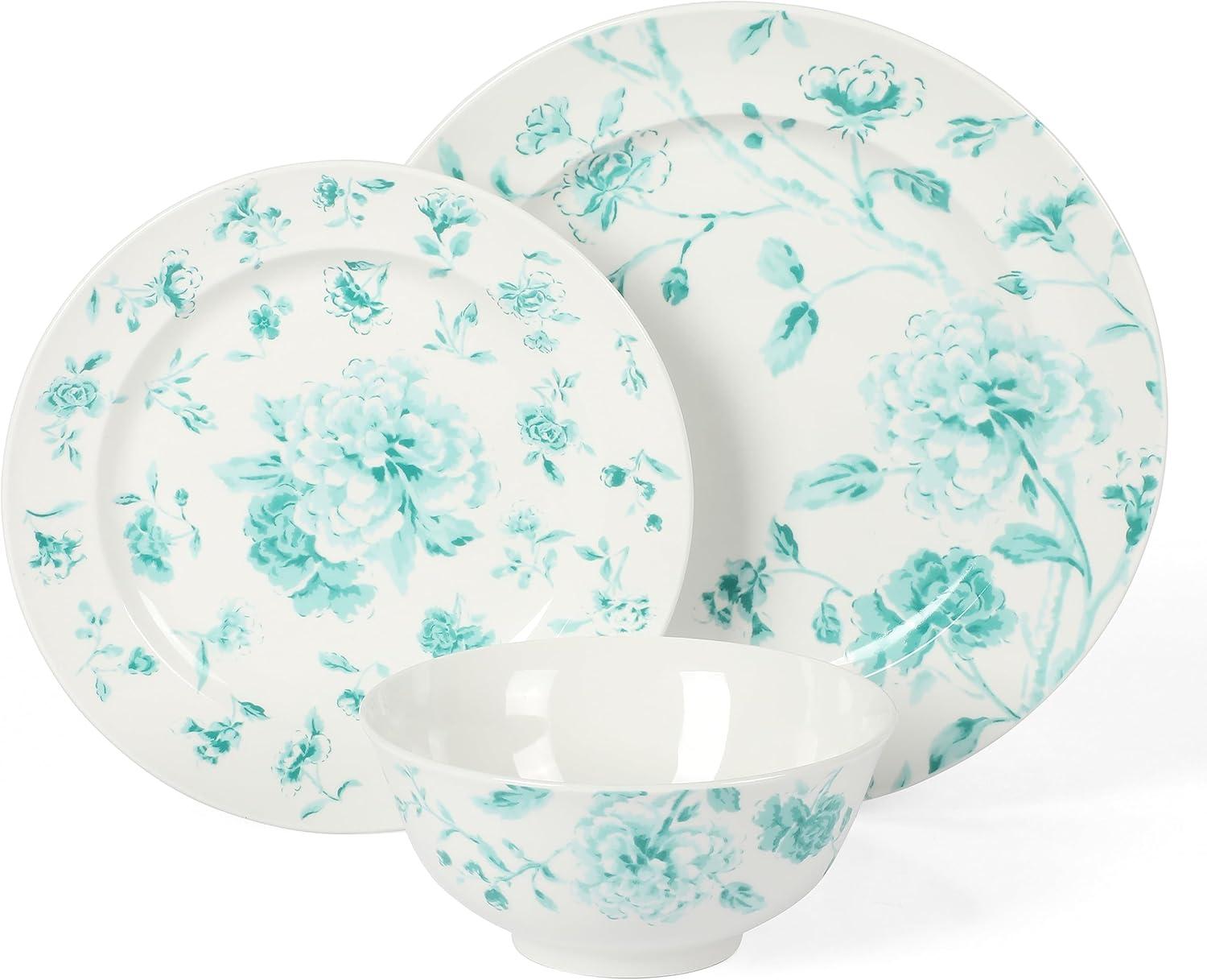 imageMartha Stewart Empress Bouquet 12Piece Decorated Porcelain Chip and Scratch Resistant Dinnerware Plates and Bowls Set Teal Floral