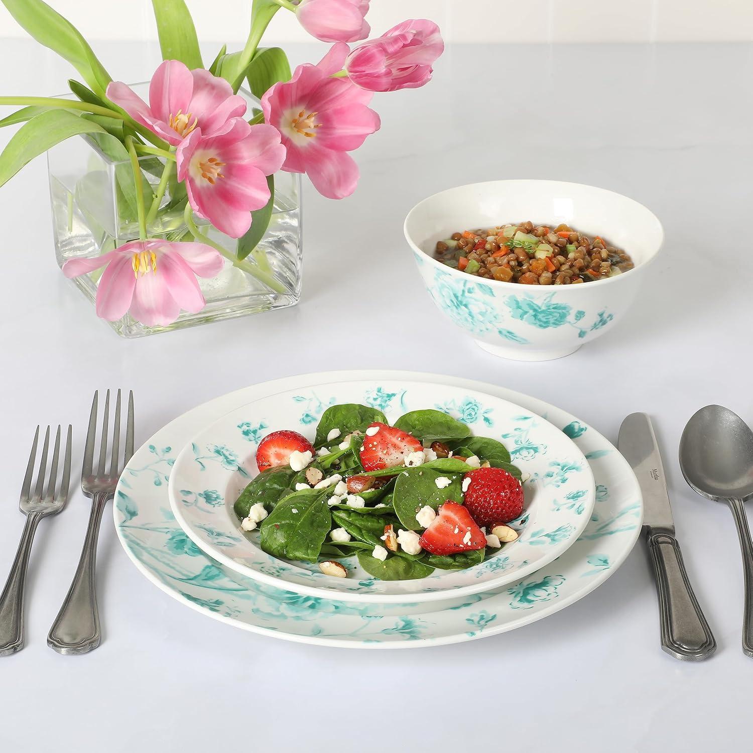 imageMartha Stewart Empress Bouquet 12Piece Decorated Porcelain Chip and Scratch Resistant Dinnerware Plates and Bowls Set Teal Floral