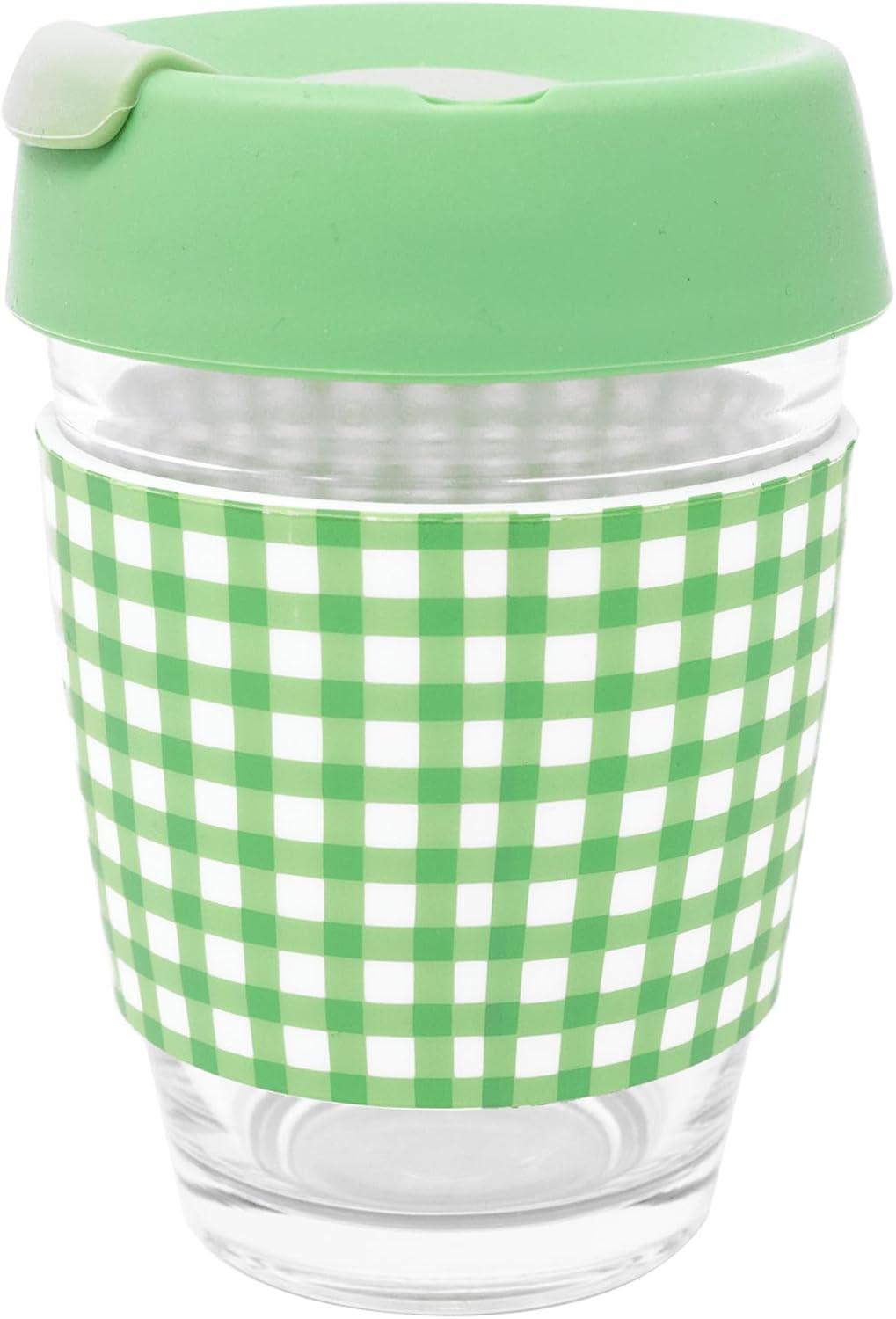 imageMartha Stewart Glass Tumbler 12 Ounce Travel Coffee Mug with Splashproof Lid ampamp Green Gingham Silicone Sleeve Hot or Cold Beverages Arcadian Green Gingham