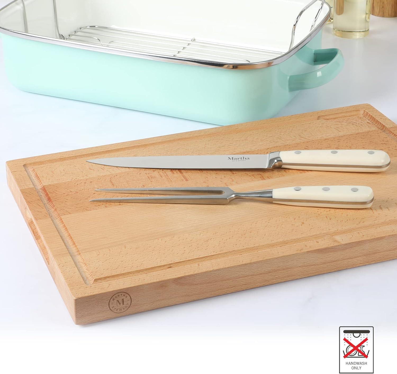 imageMartha Stewart Goswell 3pc Set w 8quot Triple Riveted Stainless Steel Carving Knife 6quot Triple Riveted Stainless Steel Carving Fork wBeech Wood Cutting and Serving BoardLinen