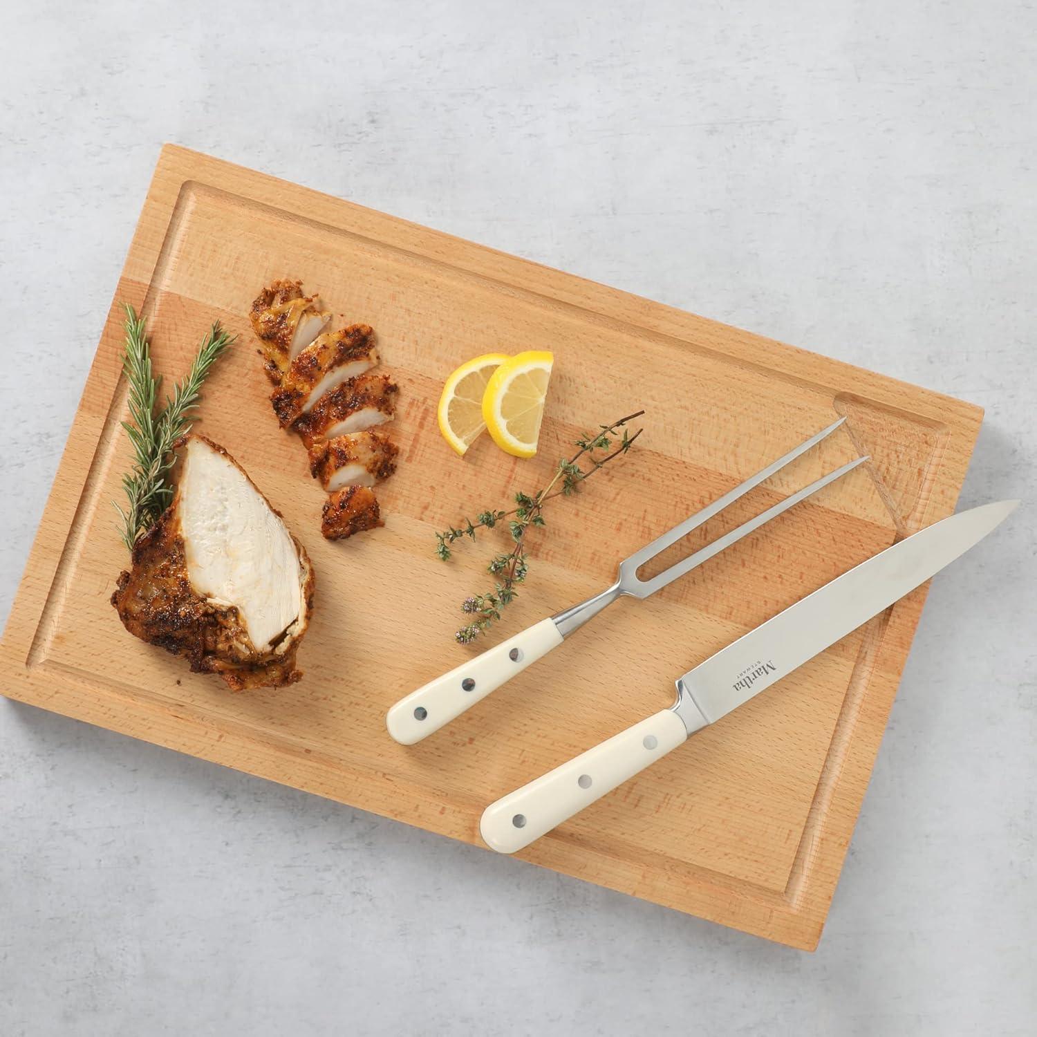 imageMartha Stewart Goswell 3pc Set w 8quot Triple Riveted Stainless Steel Carving Knife 6quot Triple Riveted Stainless Steel Carving Fork wBeech Wood Cutting and Serving BoardLinen