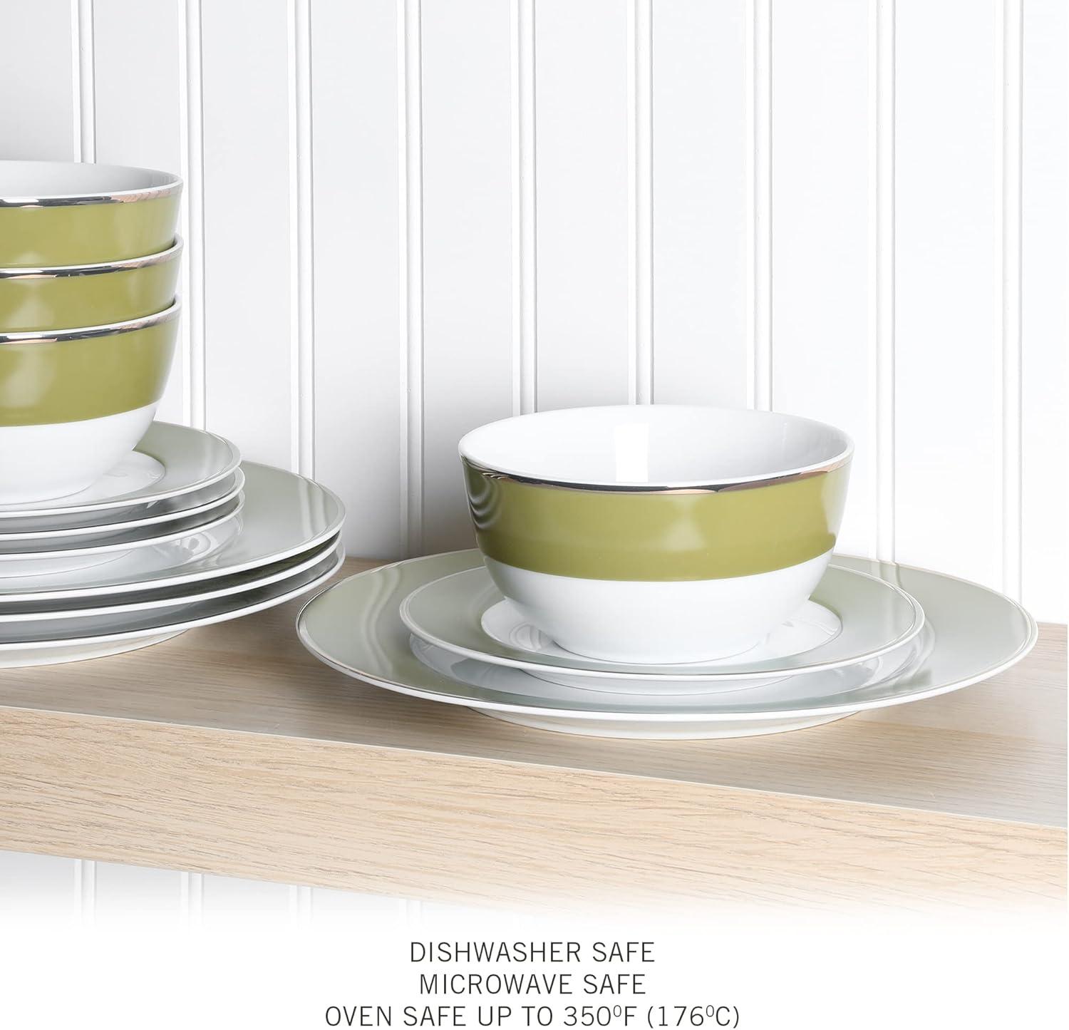 imageMartha Stewart Gracie Lane 12Piece Porcelain Chip and Scratch Resistant Decorated Dinnerware Set Sharkey Grey wGold RimOlive Green w Gold Rim