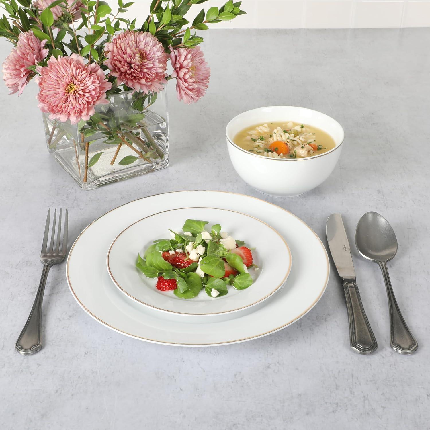 imageMartha Stewart Gracie Lane 12Piece Porcelain Chip and Scratch Resistant Decorated Dinnerware Set Sharkey Grey wGold RimWhite w Gold Band