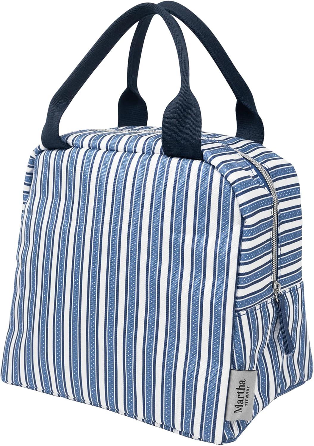 imageMartha Stewart Insulated Lunch Box for Women Spacious Lunch Tote 11quot x 65quot x 135quot Comfortable Carrying Straps ampamp Storage Pocket Deep Ultramarine Stripe