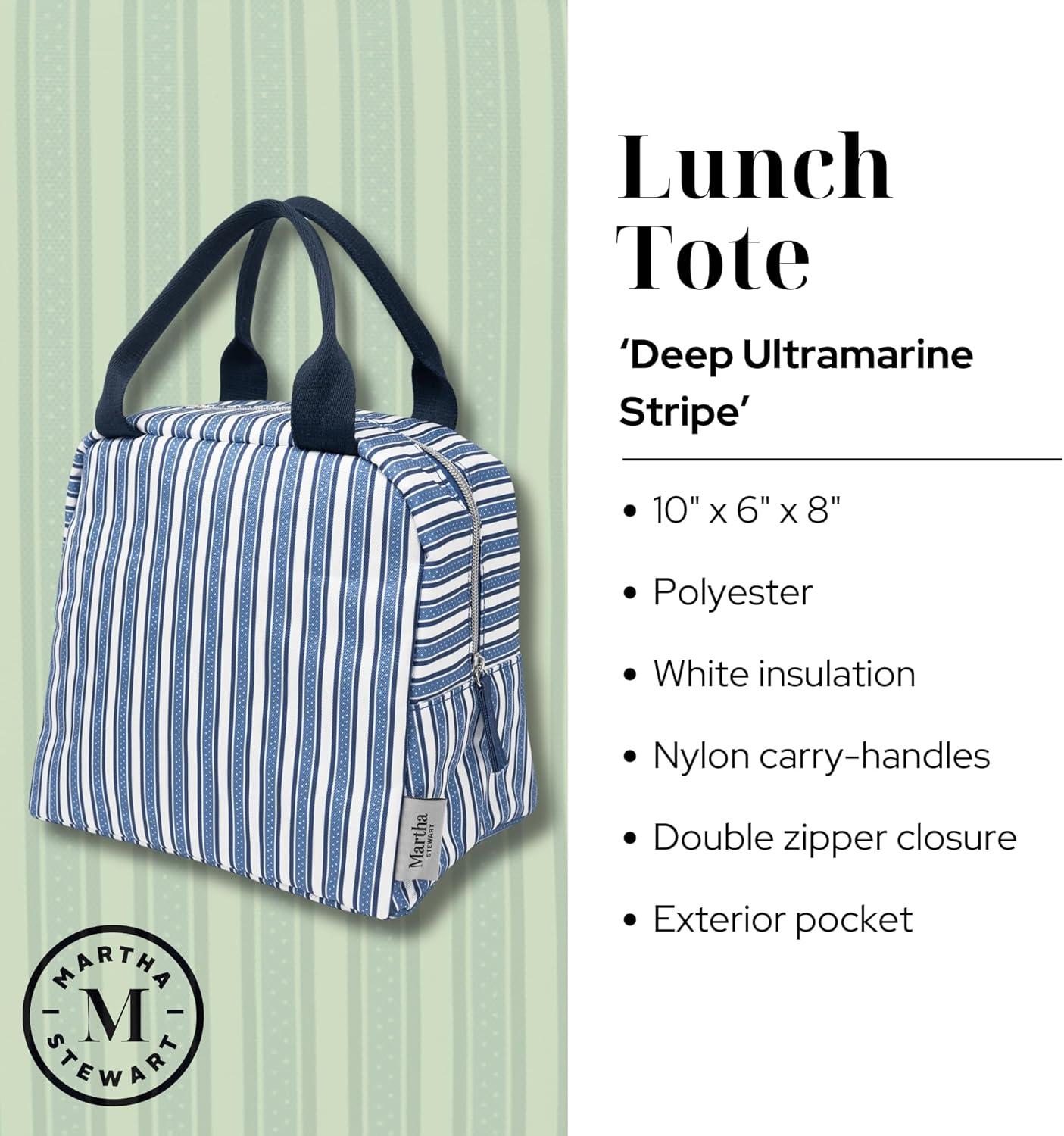imageMartha Stewart Insulated Lunch Box for Women Spacious Lunch Tote 11quot x 65quot x 135quot Comfortable Carrying Straps ampamp Storage Pocket Deep Ultramarine Stripe
