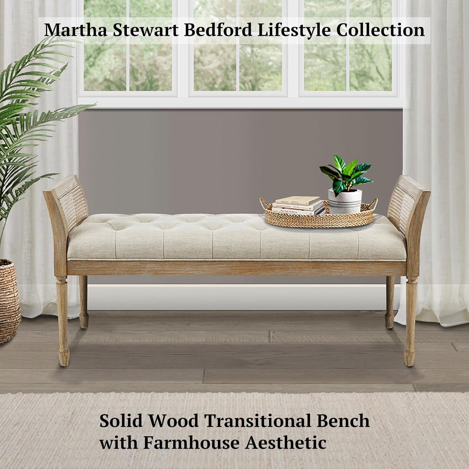 imageMartha Stewart Isla Entryway Accent Bench for Living Room Bedford Collection Tufted Seat Cane Side Frames Farmhouse Bed End Bench for Bedroom Indoor Seating Reclaimed Finish 485quot Wide Natural