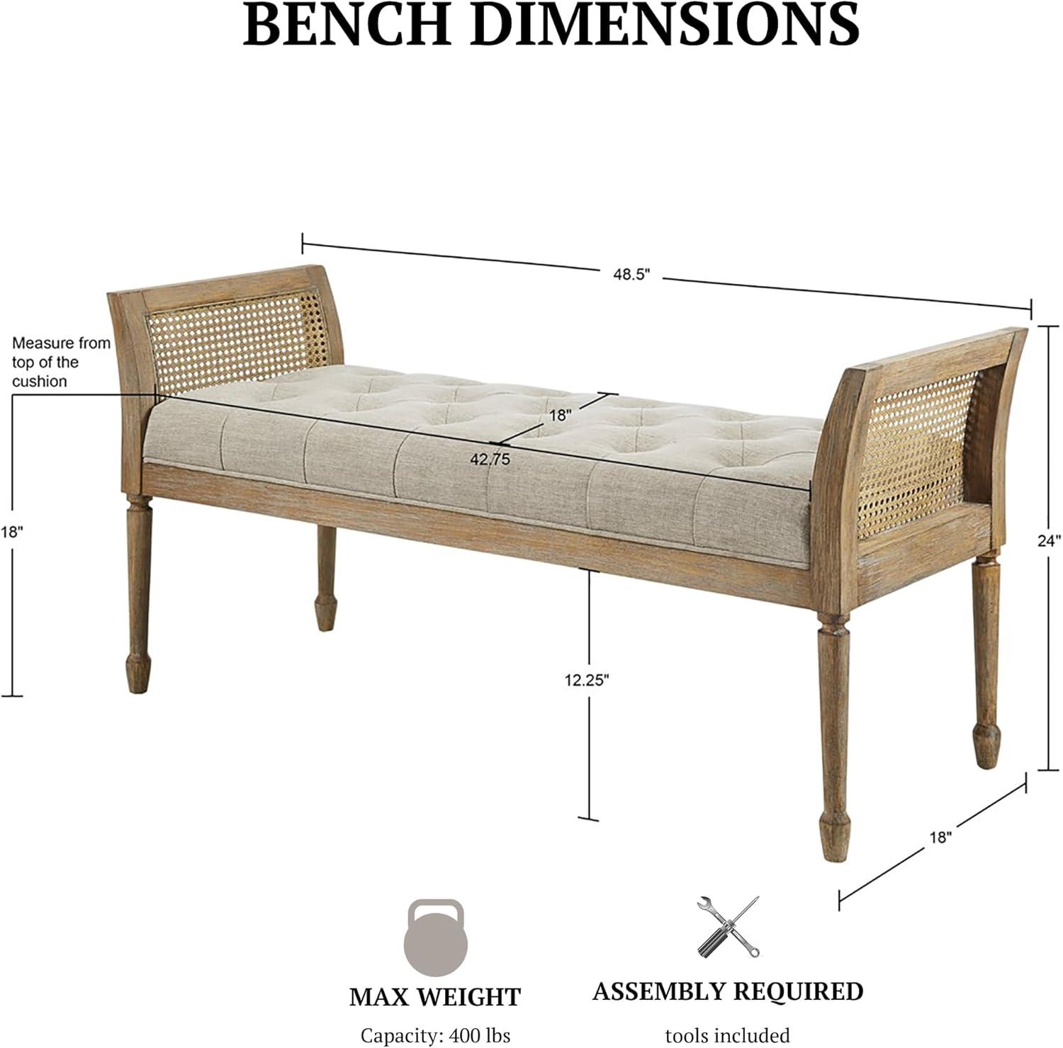 imageMartha Stewart Isla Entryway Accent Bench for Living Room Bedford Collection Tufted Seat Cane Side Frames Farmhouse Bed End Bench for Bedroom Indoor Seating Reclaimed Finish 485quot Wide Natural
