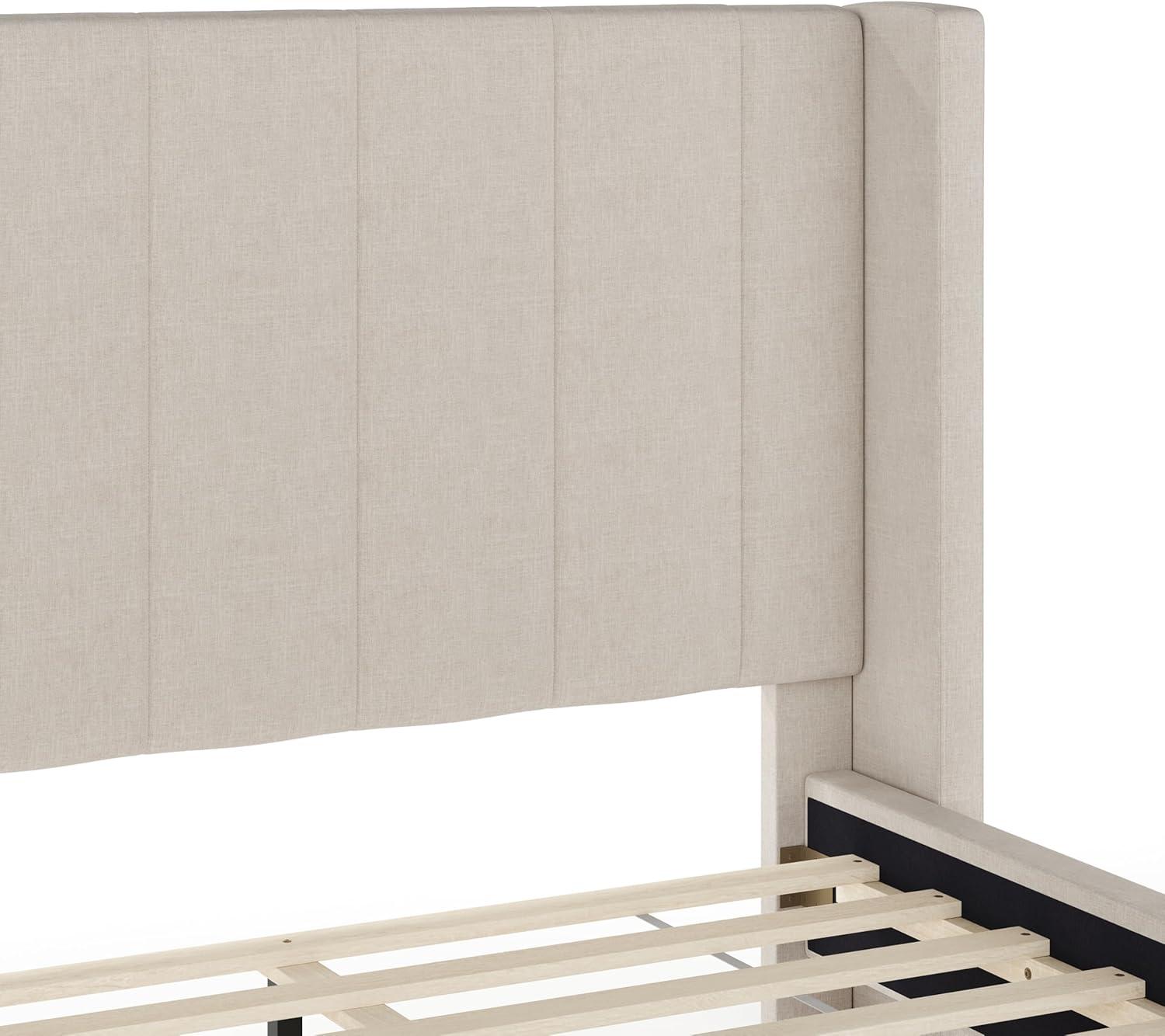 imageMartha Stewart Kay Low Profile Platform Bed with Wingback Headboard Channel Stitched Faux Linen Upholstery No Box Spring Needed King BeigeBeige FabricWalnut Legs