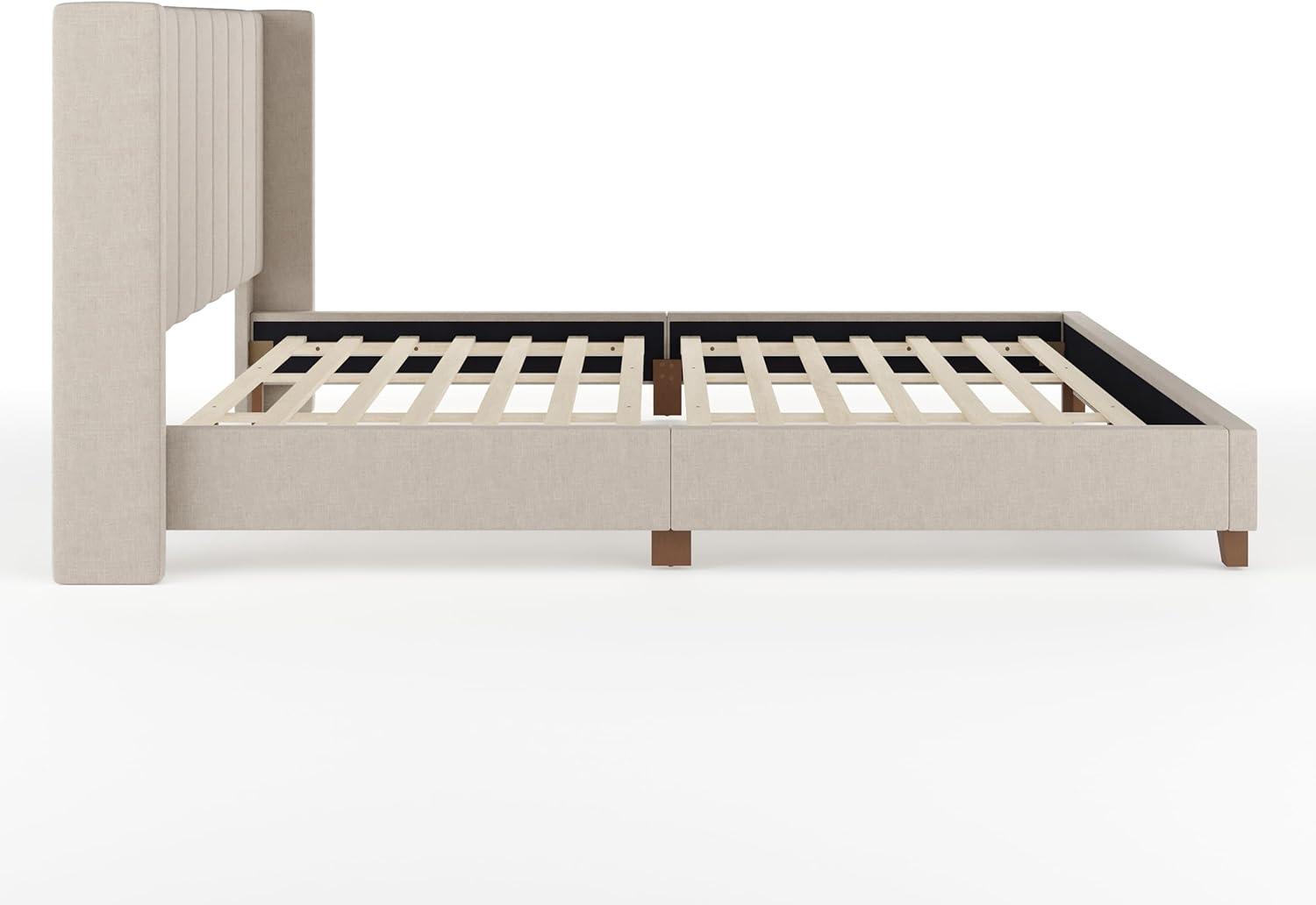 imageMartha Stewart Kay Low Profile Platform Bed with Wingback Headboard Channel Stitched Faux Linen Upholstery No Box Spring Needed King BeigeBeige FabricWalnut Legs