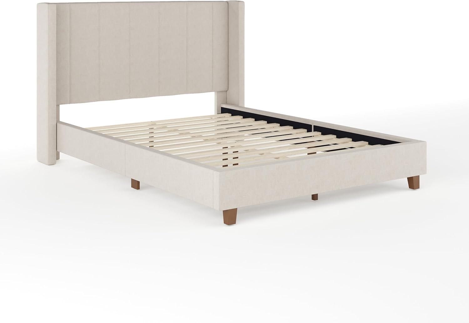 imageMartha Stewart Kay Low Profile Platform Bed with Wingback Headboard Channel Stitched Faux Linen Upholstery No Box Spring Needed King BeigeBeige FabricWalnut Legs