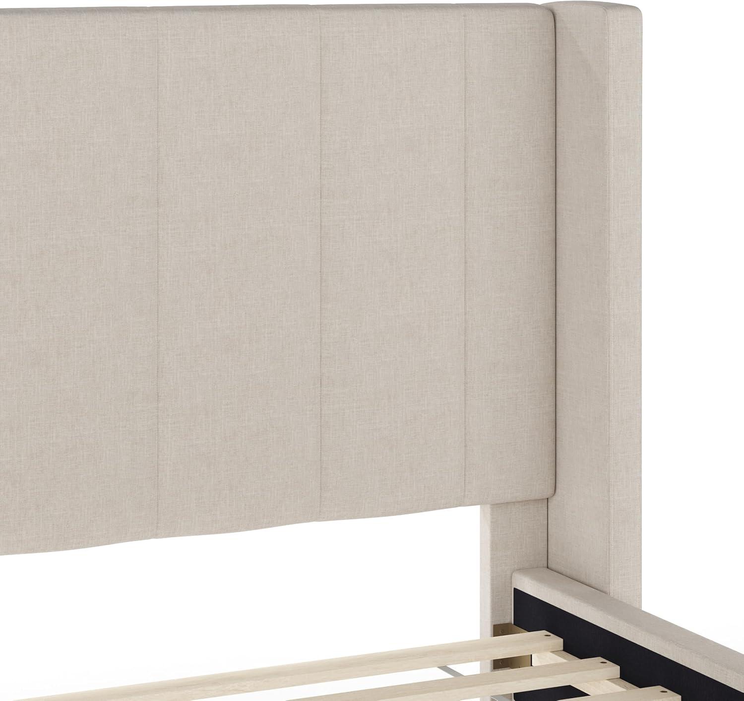 imageMartha Stewart Kay Low Profile Platform Bed with Wingback Headboard Channel Stitched Faux Linen Upholstery No Box Spring Needed King BeigeBeige FabricWalnut Legs