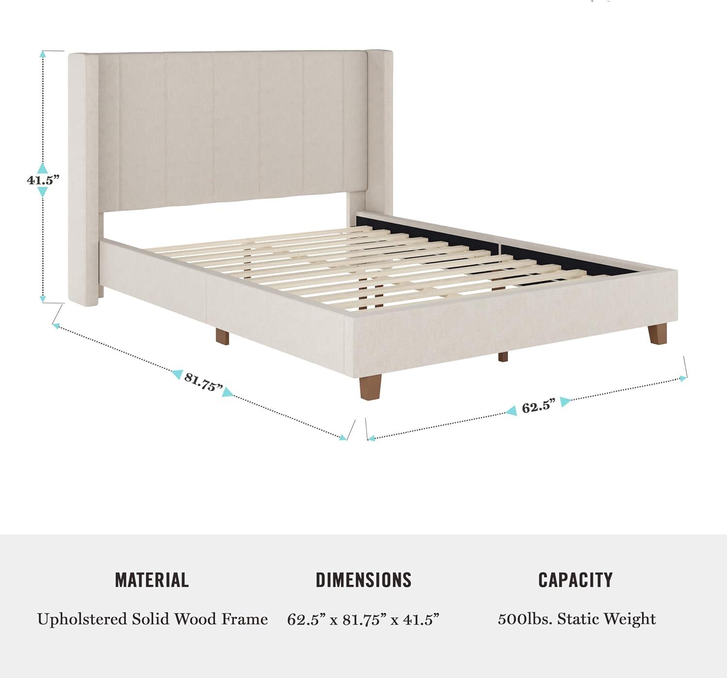 imageMartha Stewart Kay Low Profile Platform Bed with Wingback Headboard Channel Stitched Faux Linen Upholstery No Box Spring Needed King BeigeBeige FabricWalnut Legs