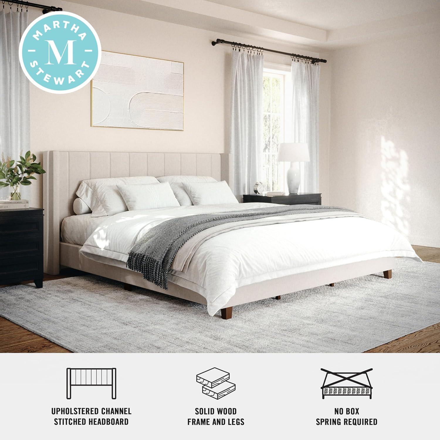 imageMartha Stewart Kay Low Profile Platform Bed with Wingback Headboard Channel Stitched Faux Linen Upholstery No Box Spring Needed King BeigeBeige FabricWalnut Legs
