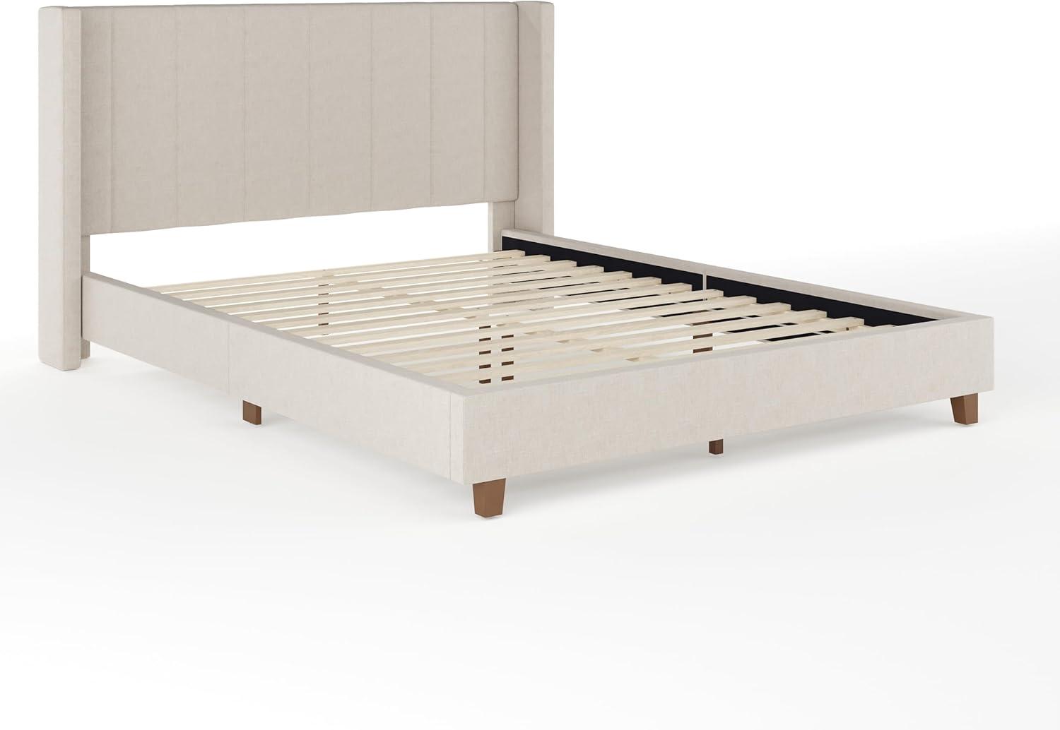 imageMartha Stewart Kay Low Profile Platform Bed with Wingback Headboard Channel Stitched Faux Linen Upholstery No Box Spring Needed King BeigeBeige FabricWalnut Legs