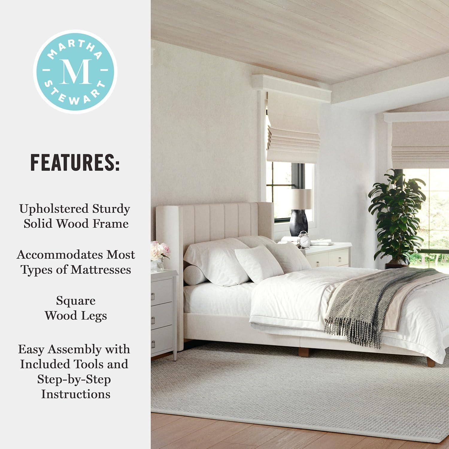 imageMartha Stewart Kay Low Profile Platform Bed with Wingback Headboard Channel Stitched Faux Linen Upholstery No Box Spring Needed King BeigeBeige FabricWalnut Legs