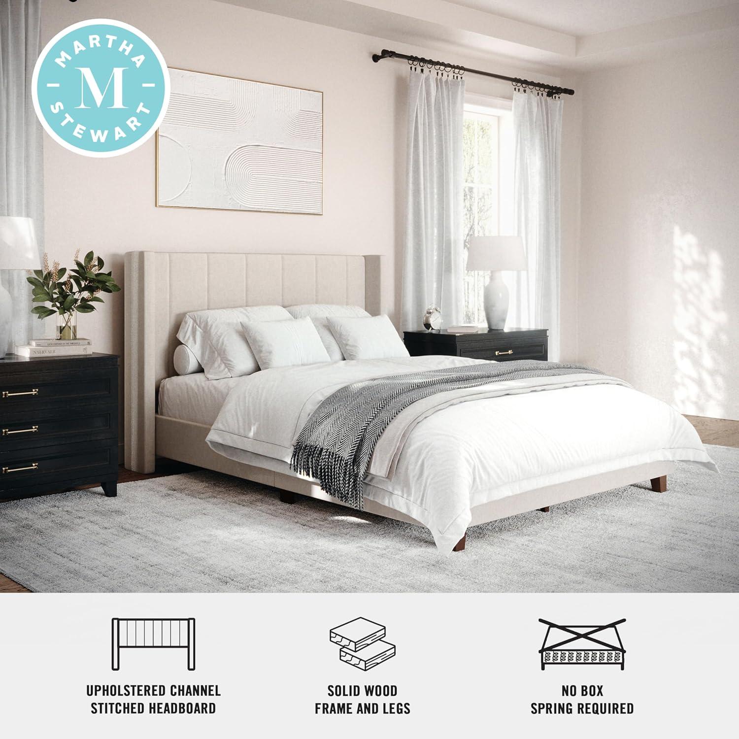 imageMartha Stewart Kay Low Profile Platform Bed with Wingback Headboard Channel Stitched Faux Linen Upholstery No Box Spring Needed King BeigeBeige FabricWalnut Legs
