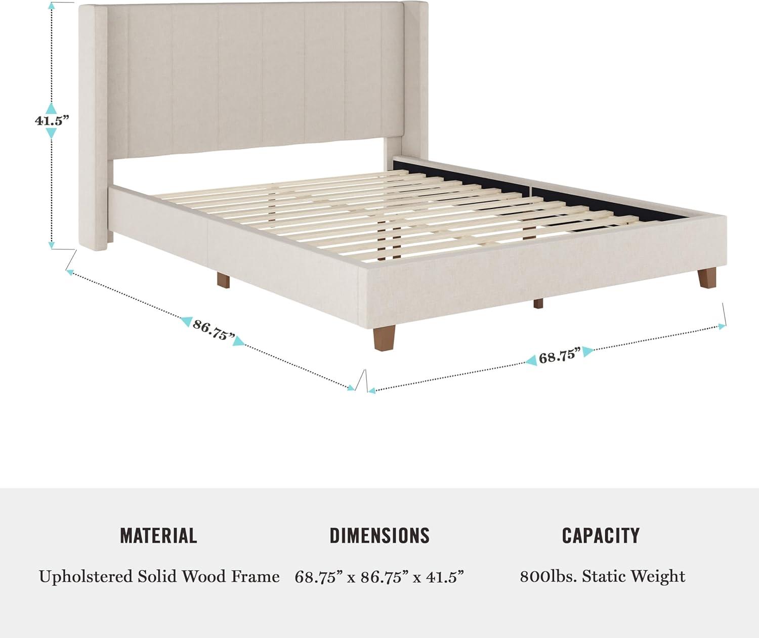 imageMartha Stewart Kay Low Profile Platform Bed with Wingback Headboard Channel Stitched Faux Linen Upholstery No Box Spring Needed King BeigeBeige FabricWalnut Legs