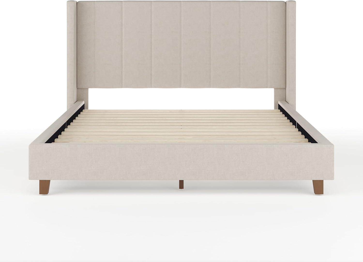 imageMartha Stewart Kay Low Profile Platform Bed with Wingback Headboard Channel Stitched Faux Linen Upholstery No Box Spring Needed King BeigeBeige FabricWalnut Legs
