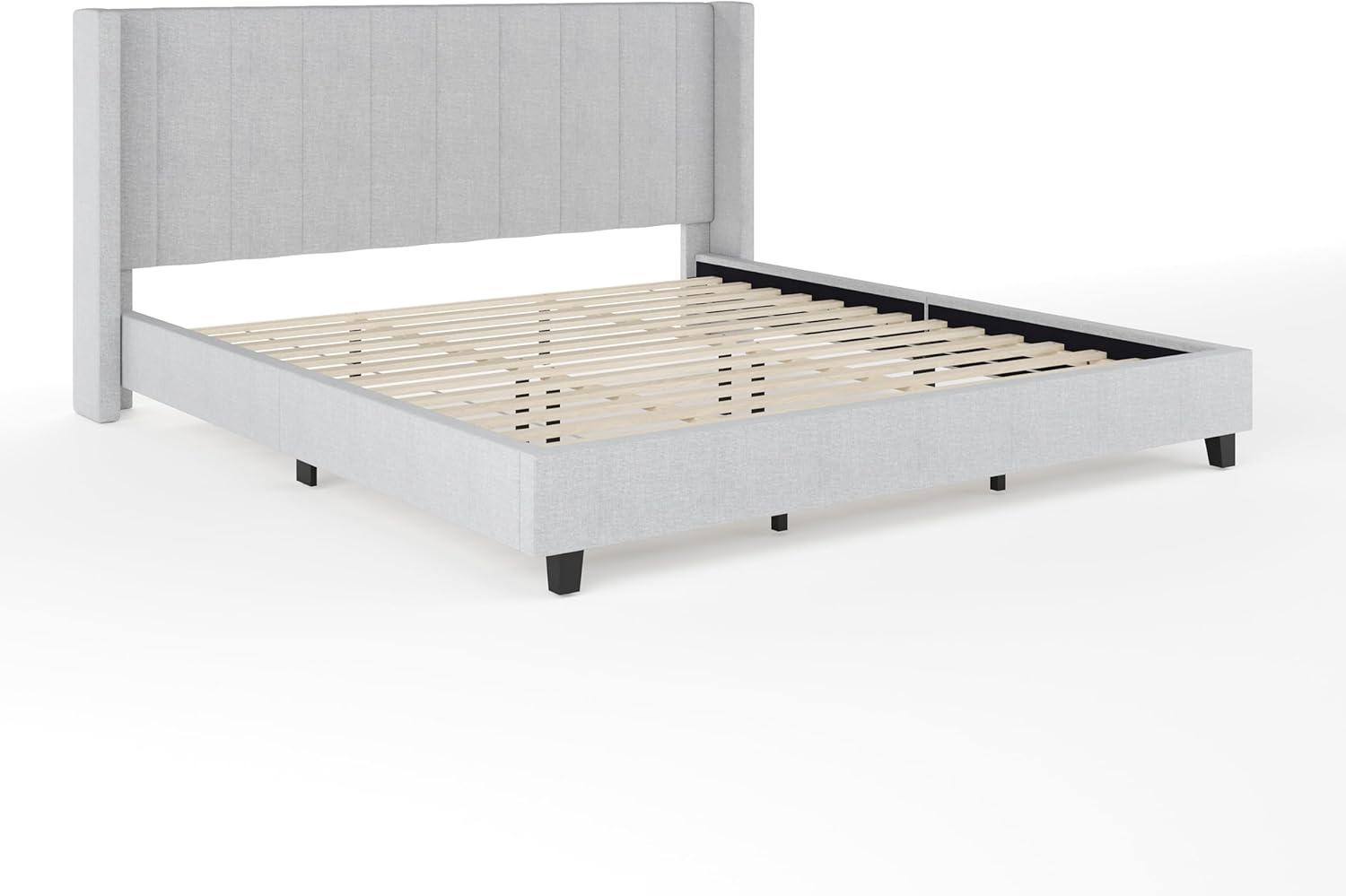 imageMartha Stewart Kay Low Profile Platform Bed with Wingback Headboard Channel Stitched Faux Linen Upholstery No Box Spring Needed King BeigeGray FabricBlack Legs