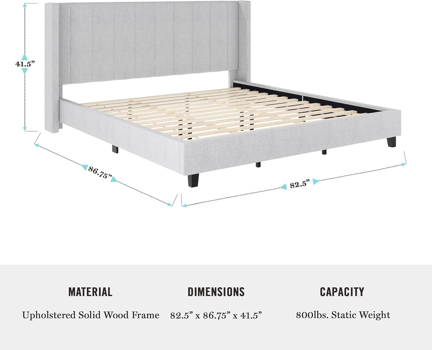 imageMartha Stewart Kay Low Profile Platform Bed with Wingback Headboard Channel Stitched Faux Linen Upholstery No Box Spring Needed King BeigeGray FabricBlack Legs