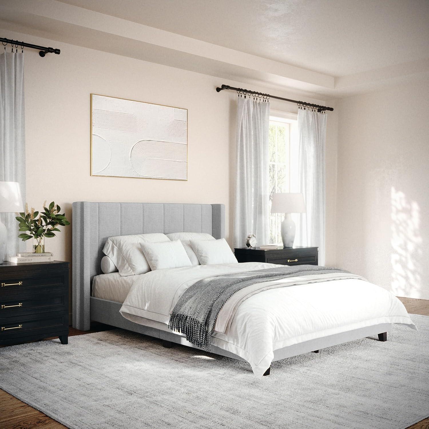 imageMartha Stewart Kay Low Profile Platform Bed with Wingback Headboard Channel Stitched Faux Linen Upholstery No Box Spring Needed King BeigeGray FabricBlack Legs
