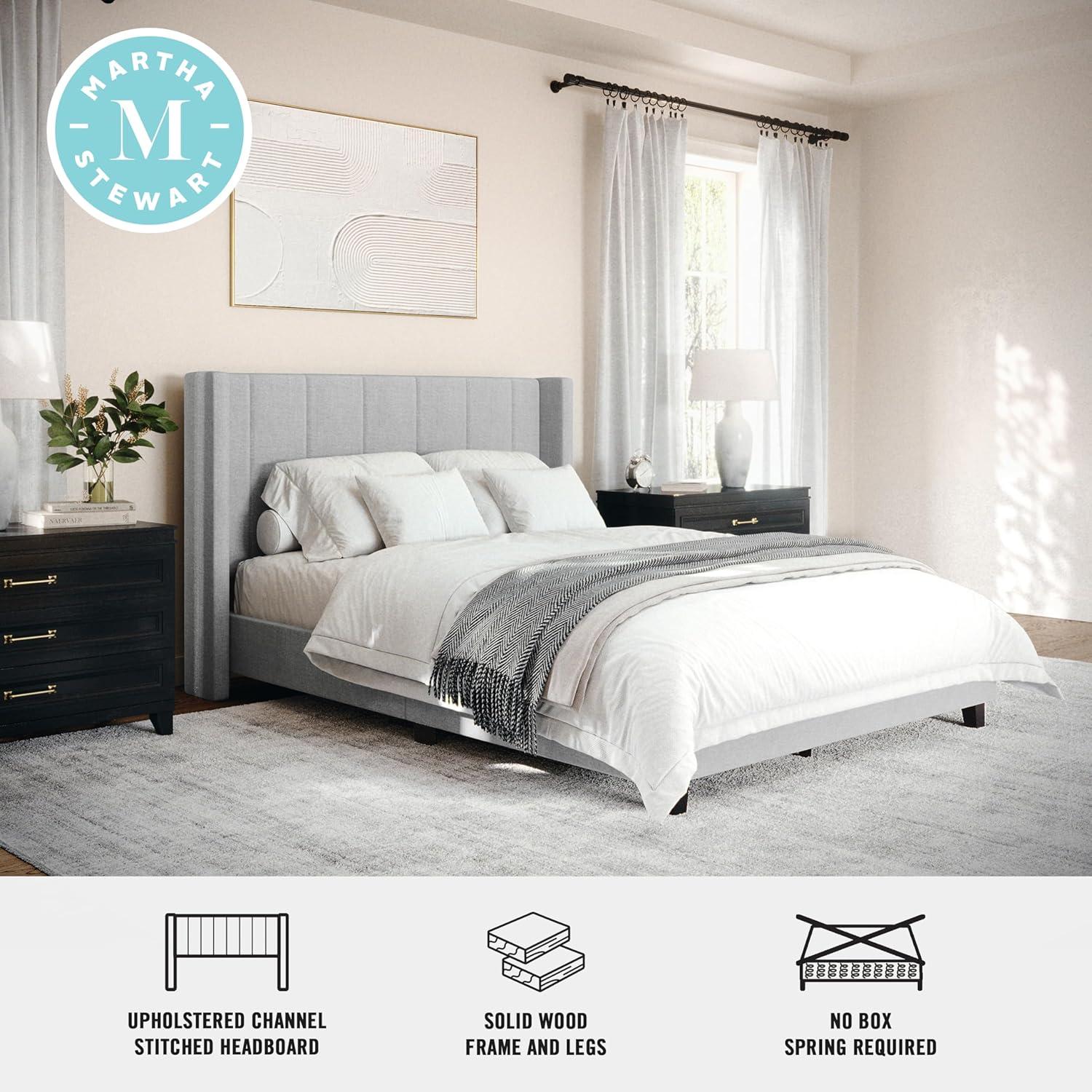 imageMartha Stewart Kay Low Profile Platform Bed with Wingback Headboard Channel Stitched Faux Linen Upholstery No Box Spring Needed King BeigeGray FabricBlack Legs