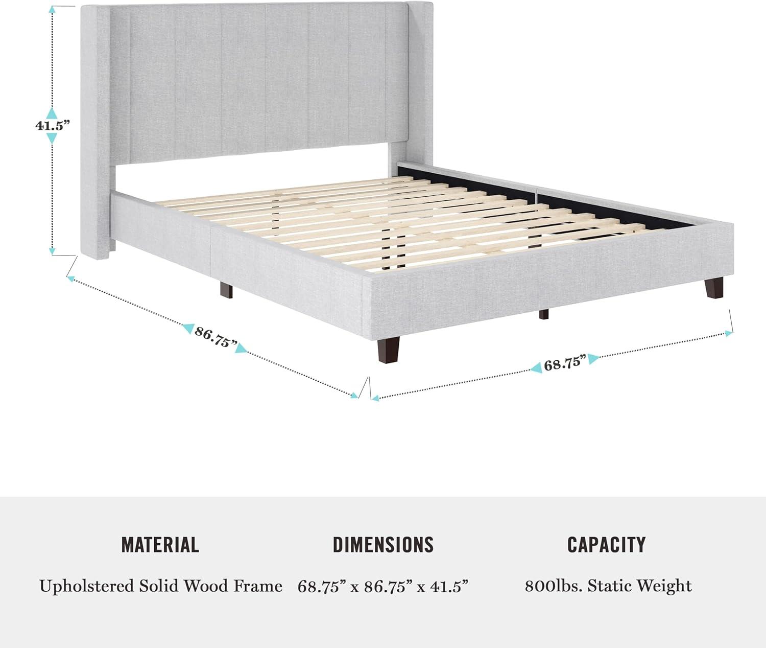 imageMartha Stewart Kay Low Profile Platform Bed with Wingback Headboard Channel Stitched Faux Linen Upholstery No Box Spring Needed King BeigeGray FabricBlack Legs