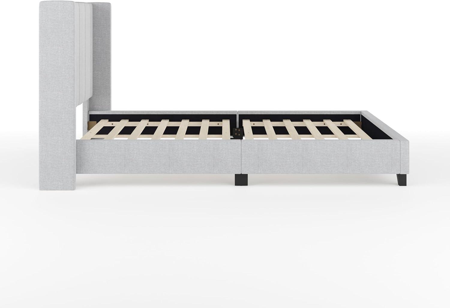 imageMartha Stewart Kay Low Profile Platform Bed with Wingback Headboard Channel Stitched Faux Linen Upholstery No Box Spring Needed King BeigeGray FabricBlack Legs