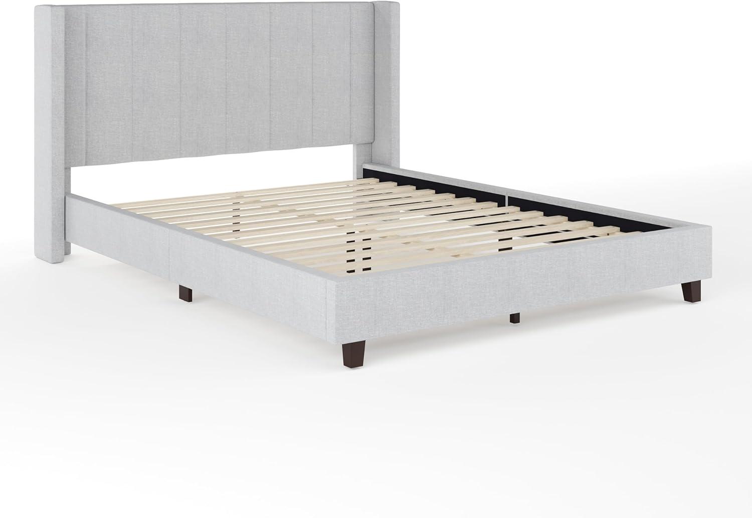 imageMartha Stewart Kay Low Profile Platform Bed with Wingback Headboard Channel Stitched Faux Linen Upholstery No Box Spring Needed King BeigeGray FabricBlack Legs