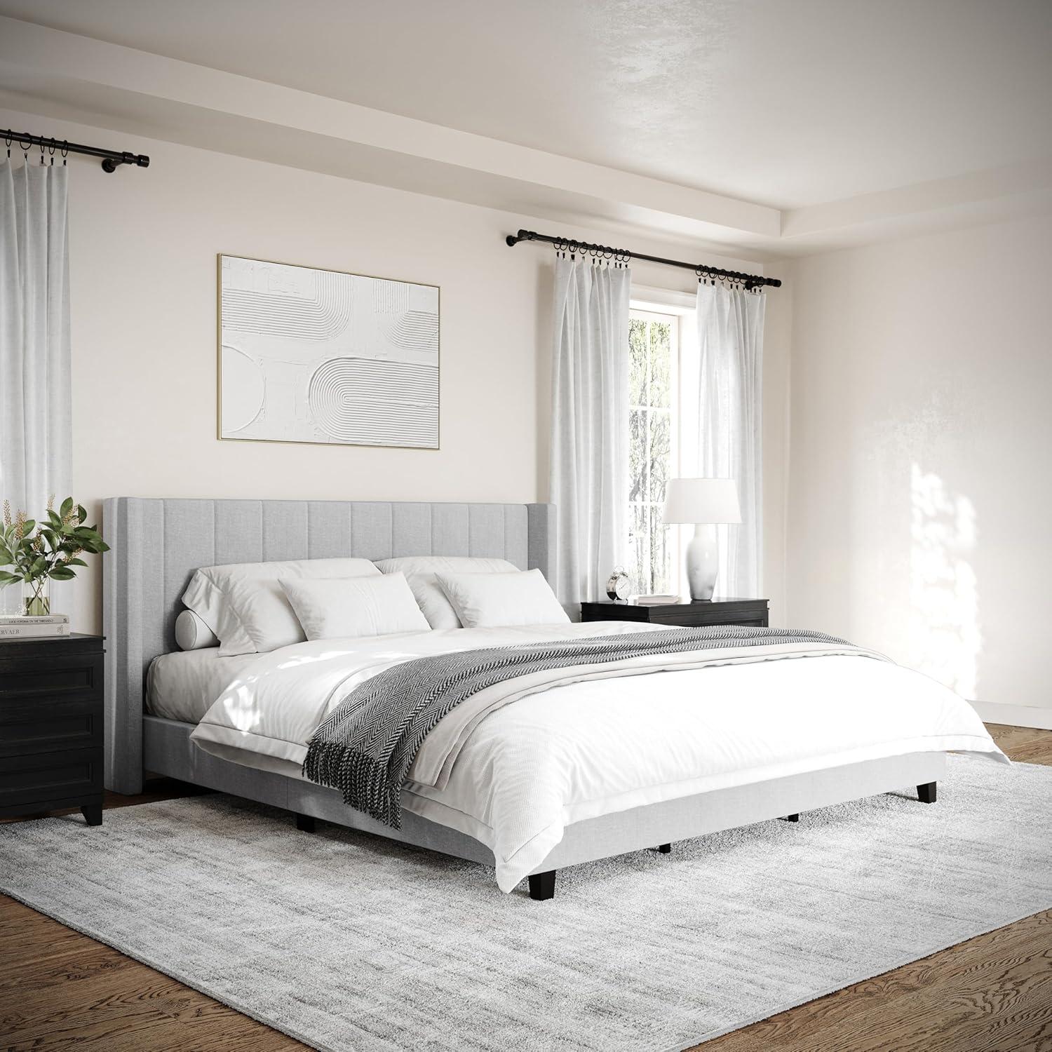 imageMartha Stewart Kay Low Profile Platform Bed with Wingback Headboard Channel Stitched Faux Linen Upholstery No Box Spring Needed King BeigeGray FabricBlack Legs