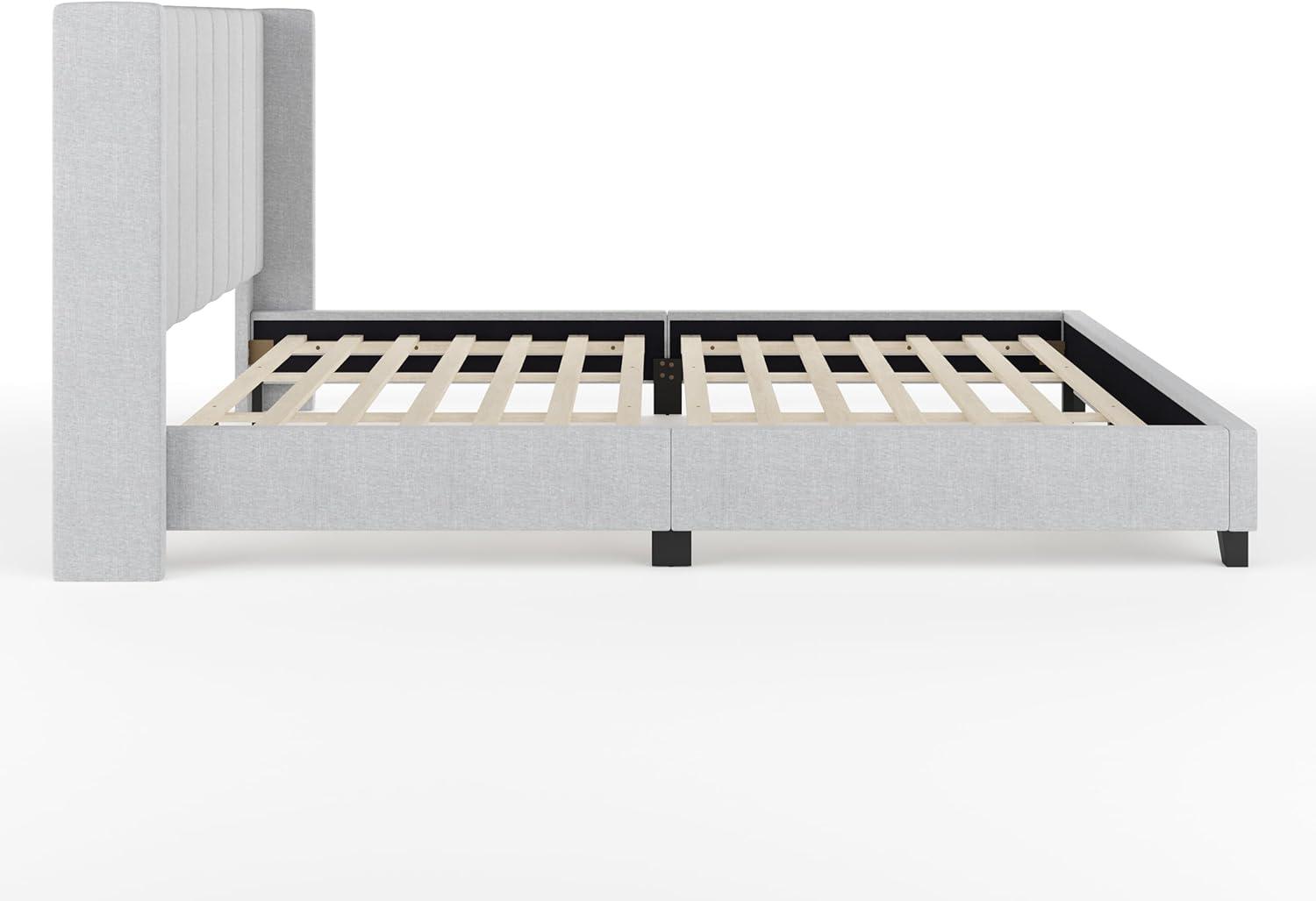 imageMartha Stewart Kay Low Profile Platform Bed with Wingback Headboard Channel Stitched Faux Linen Upholstery No Box Spring Needed King BeigeGray FabricBlack Legs