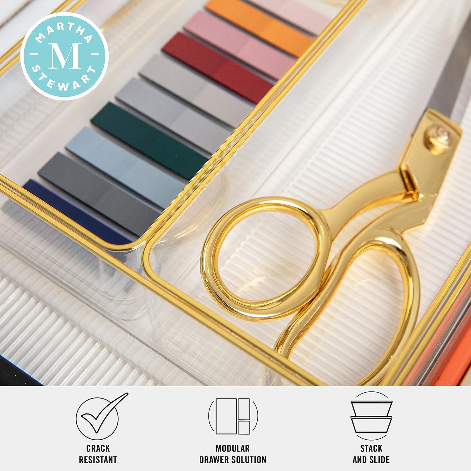 imageMartha Stewart Kerry Plastic Stackable Office Desk Drawer Organizers 6quot x 3quot 6 Pack with Gold Trim12 x 3