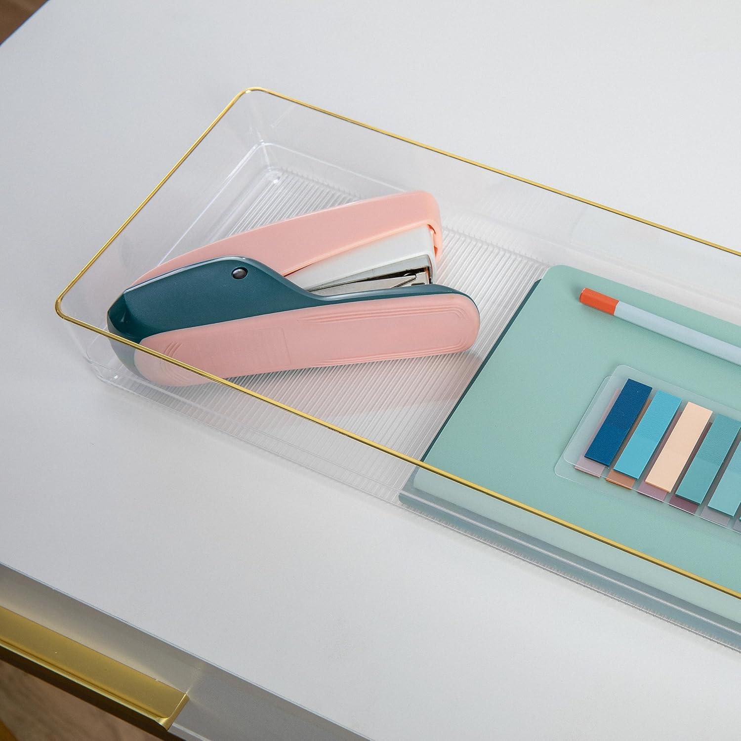 imageMartha Stewart Kerry Plastic Stackable Office Desk Drawer Organizers 6quot x 3quot 6 Pack with Gold Trim15 x 6