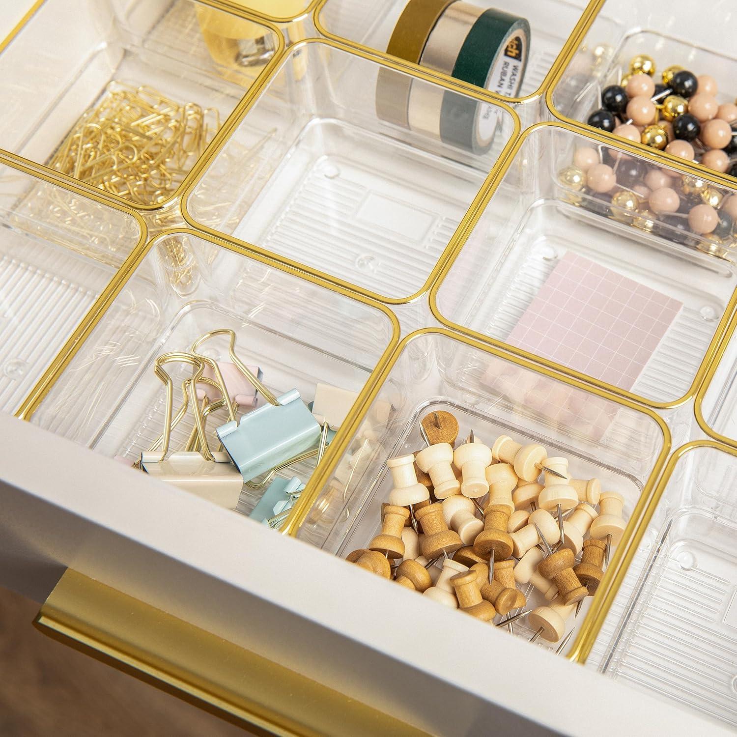 imageMartha Stewart Kerry Plastic Stackable Office Desk Drawer Organizers 6quot x 3quot 6 Pack with Gold Trim3 x 3