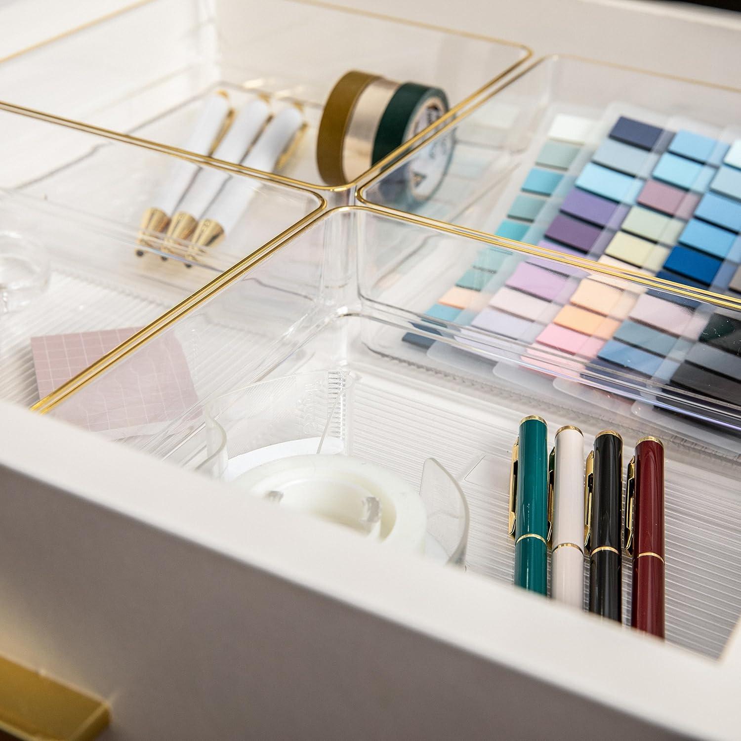 imageMartha Stewart Kerry Plastic Stackable Office Desk Drawer Organizers 6quot x 3quot 6 Pack with Gold Trim6 x 6