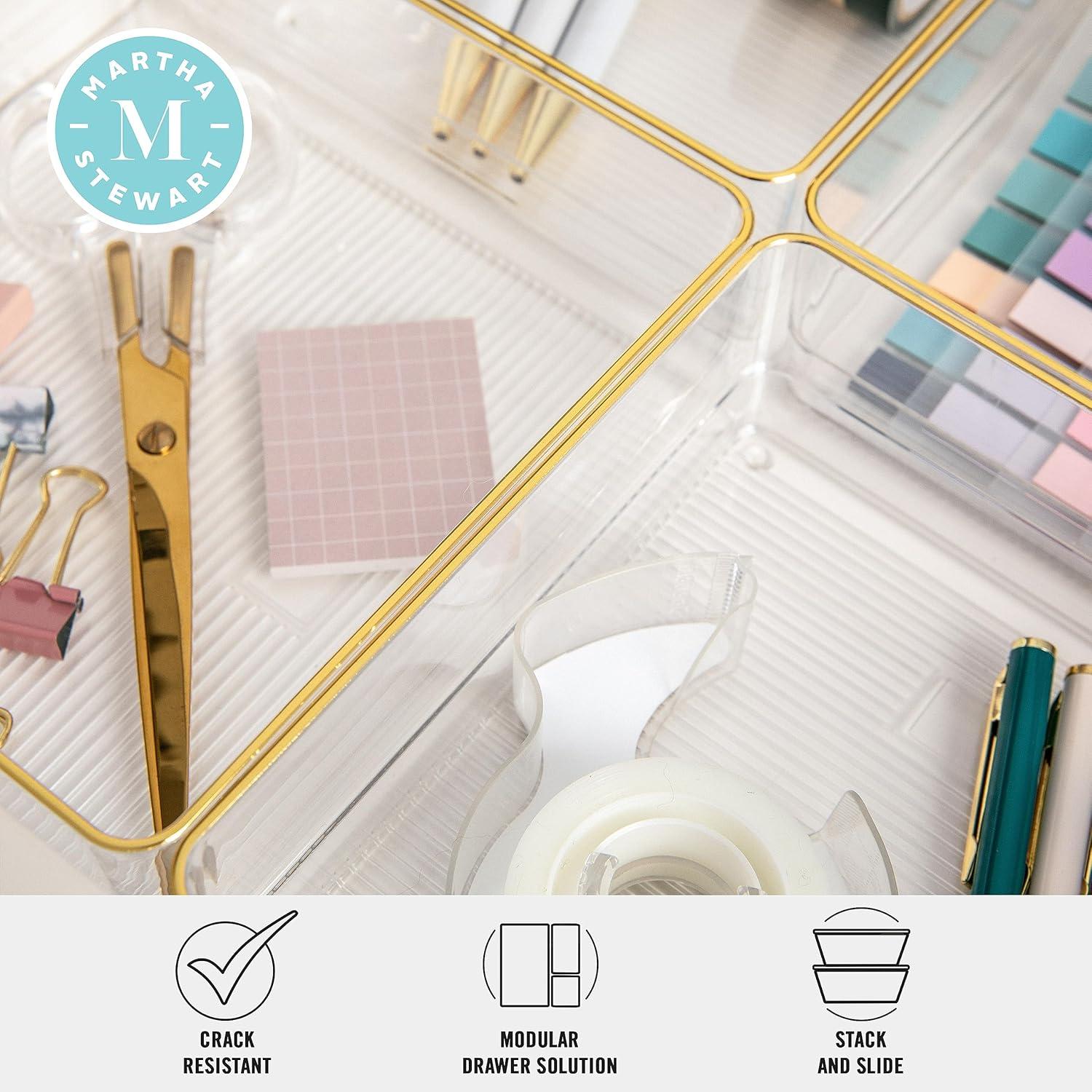 imageMartha Stewart Kerry Plastic Stackable Office Desk Drawer Organizers 6quot x 3quot 6 Pack with Gold Trim6 x 6