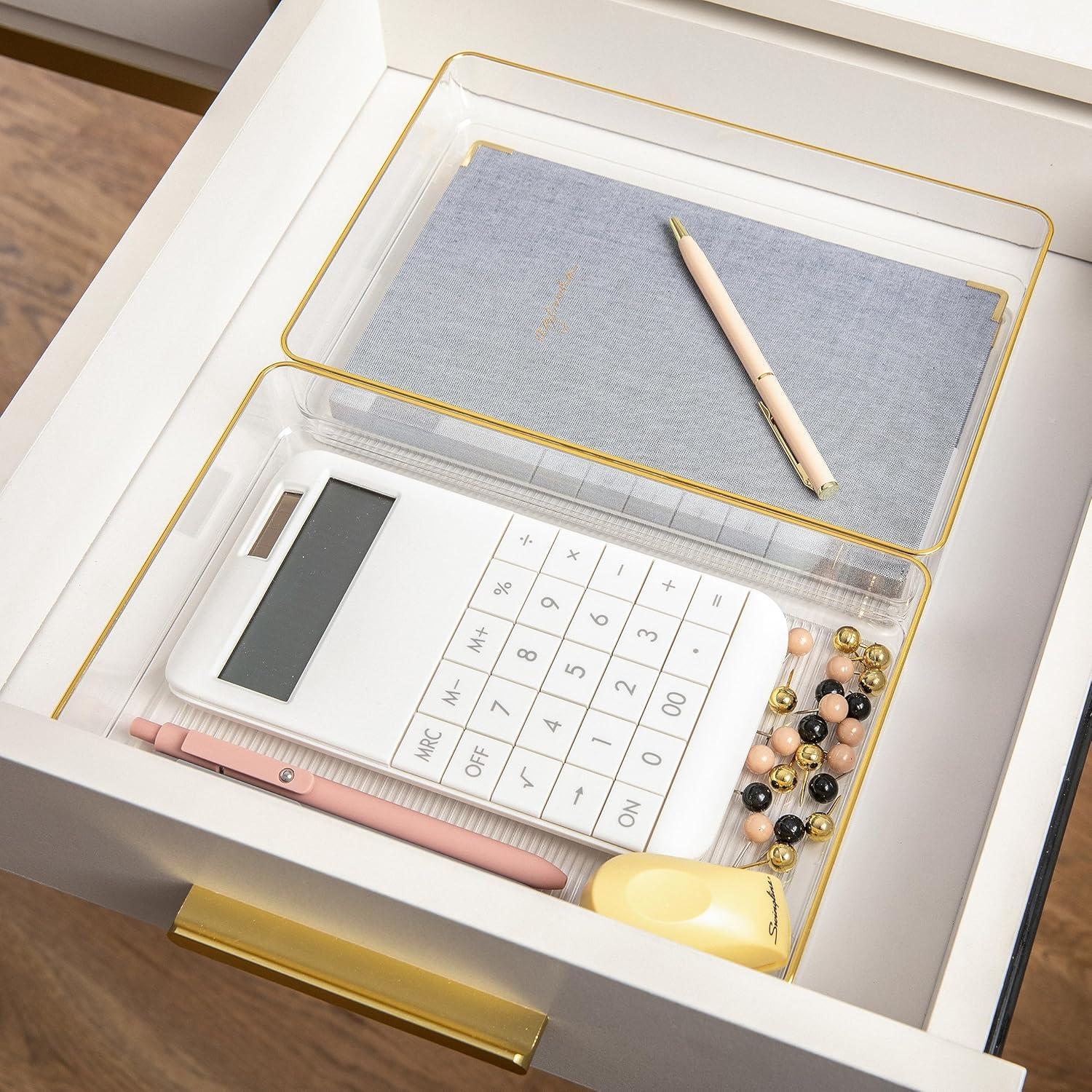 imageMartha Stewart Kerry Plastic Stackable Office Desk Drawer Organizers 6quot x 3quot 6 Pack with Gold Trim9 x 6