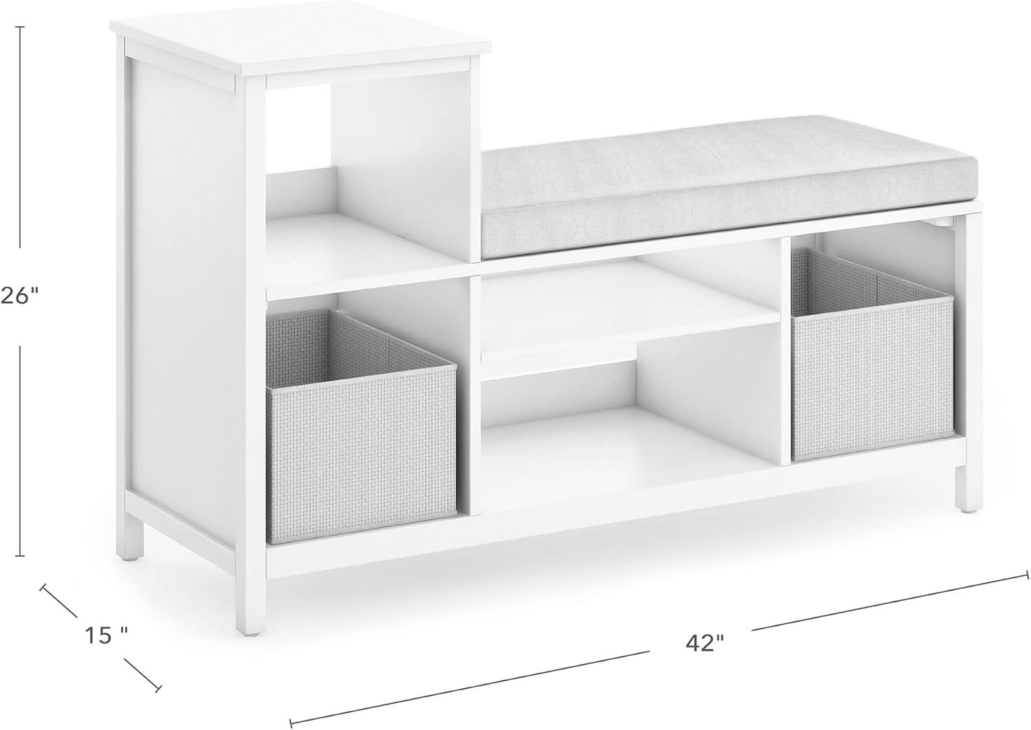imageMartha Stewart Kids Jr Reading Nook with Bins Linen White Kids Wood Bookshelf and Storage Bench with Open Shelves and Canvas Storage Bins for Toys Games and Books Toddler Room Furniture