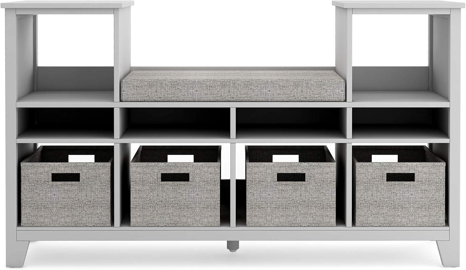 imageMartha Stewart Kids Reading Nook Linen White Wooden Storage Bench Bookshelf Organizer with Seat Cushion and Fabric Bins for Toys Books Art Bedroom or Playroom CubbyGrey