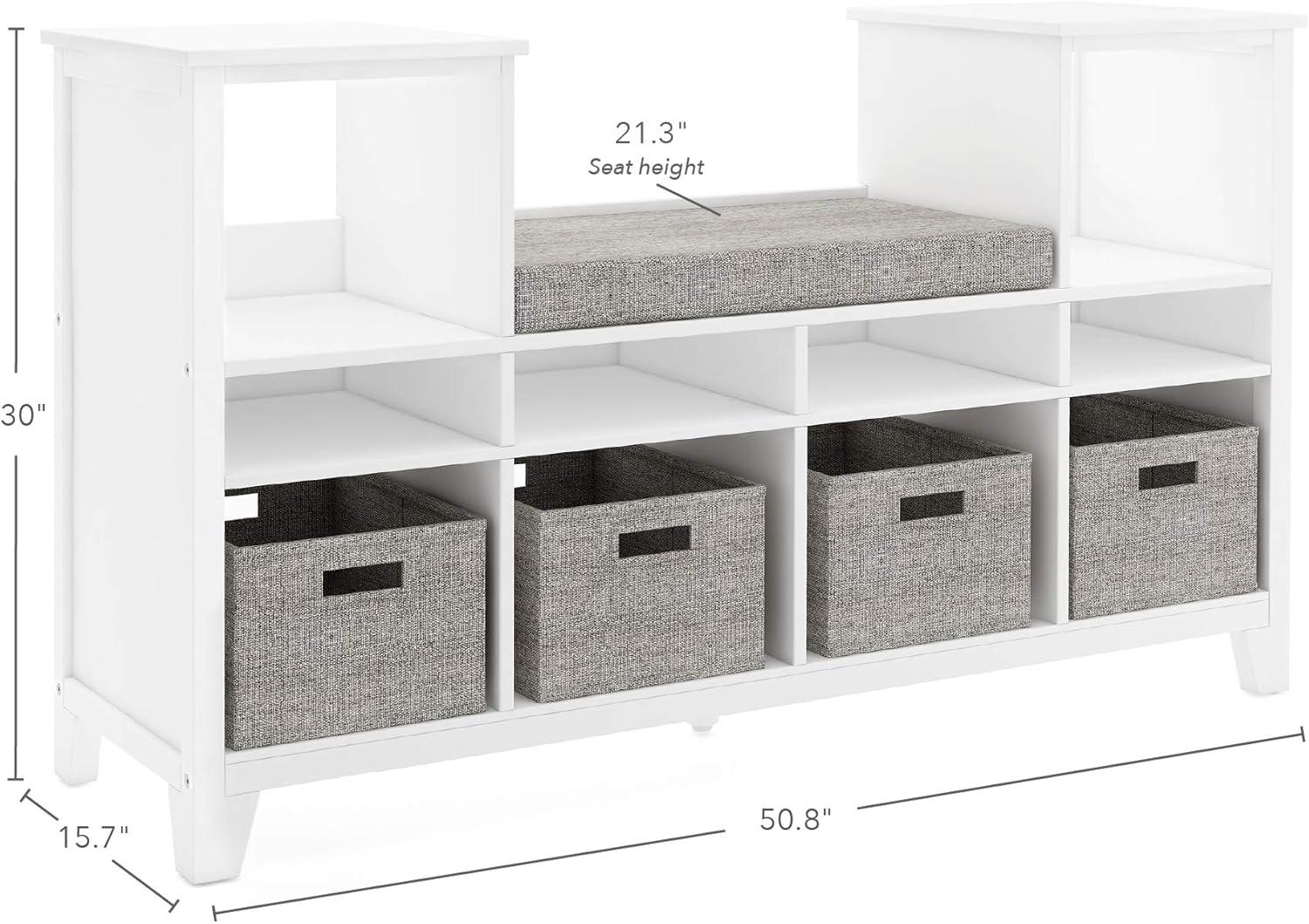 imageMartha Stewart Kids Reading Nook Linen White Wooden Storage Bench Bookshelf Organizer with Seat Cushion and Fabric Bins for Toys Books Art Bedroom or Playroom CubbyLinen White