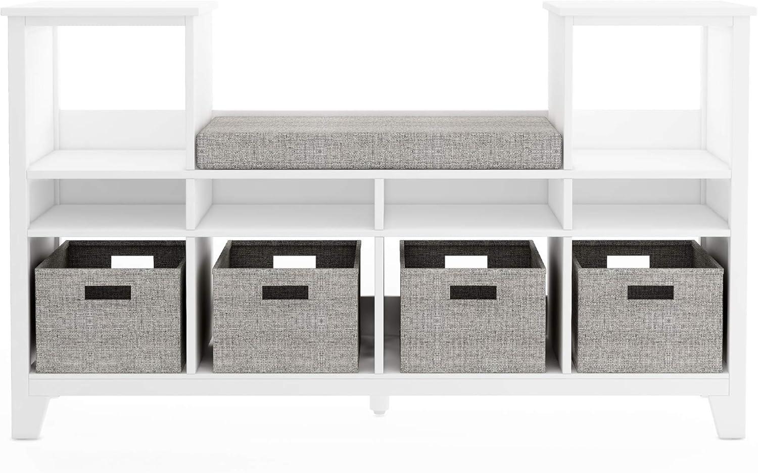 imageMartha Stewart Kids Reading Nook Linen White Wooden Storage Bench Bookshelf Organizer with Seat Cushion and Fabric Bins for Toys Books Art Bedroom or Playroom CubbyLinen White