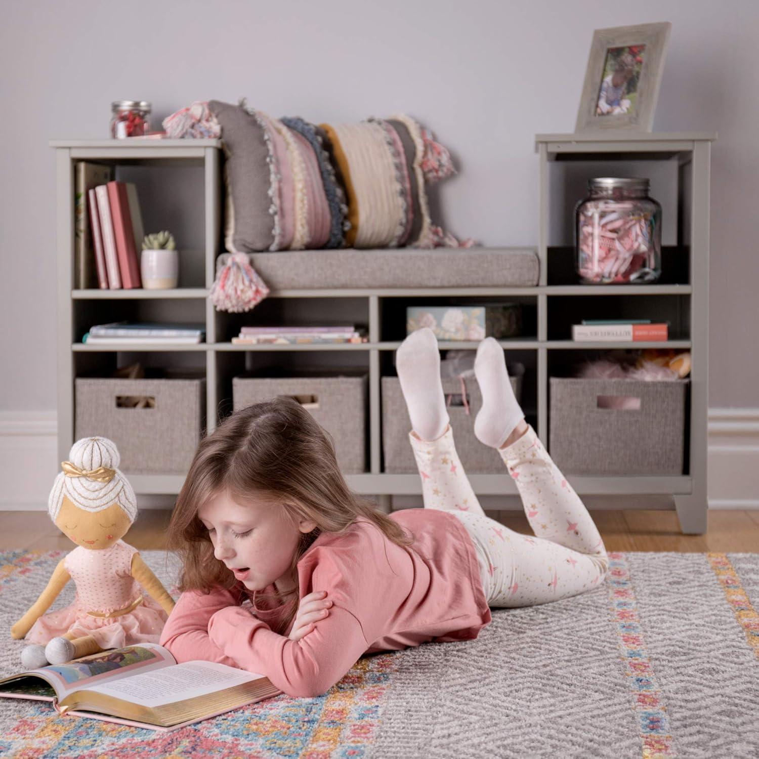 imageMartha Stewart Kids Reading Nook Linen White Wooden Storage Bench Bookshelf Organizer with Seat Cushion and Fabric Bins for Toys Books Art Bedroom or Playroom CubbyGrey