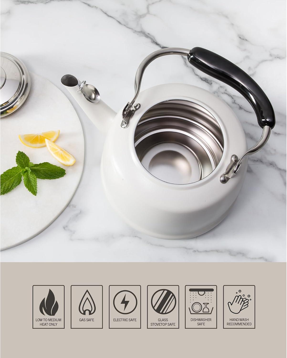 imageMartha Stewart Kingstree Large 2 Qt Heavy Gauge Stainless Steel Tea Kettle  Linen White ExteriorLinen White