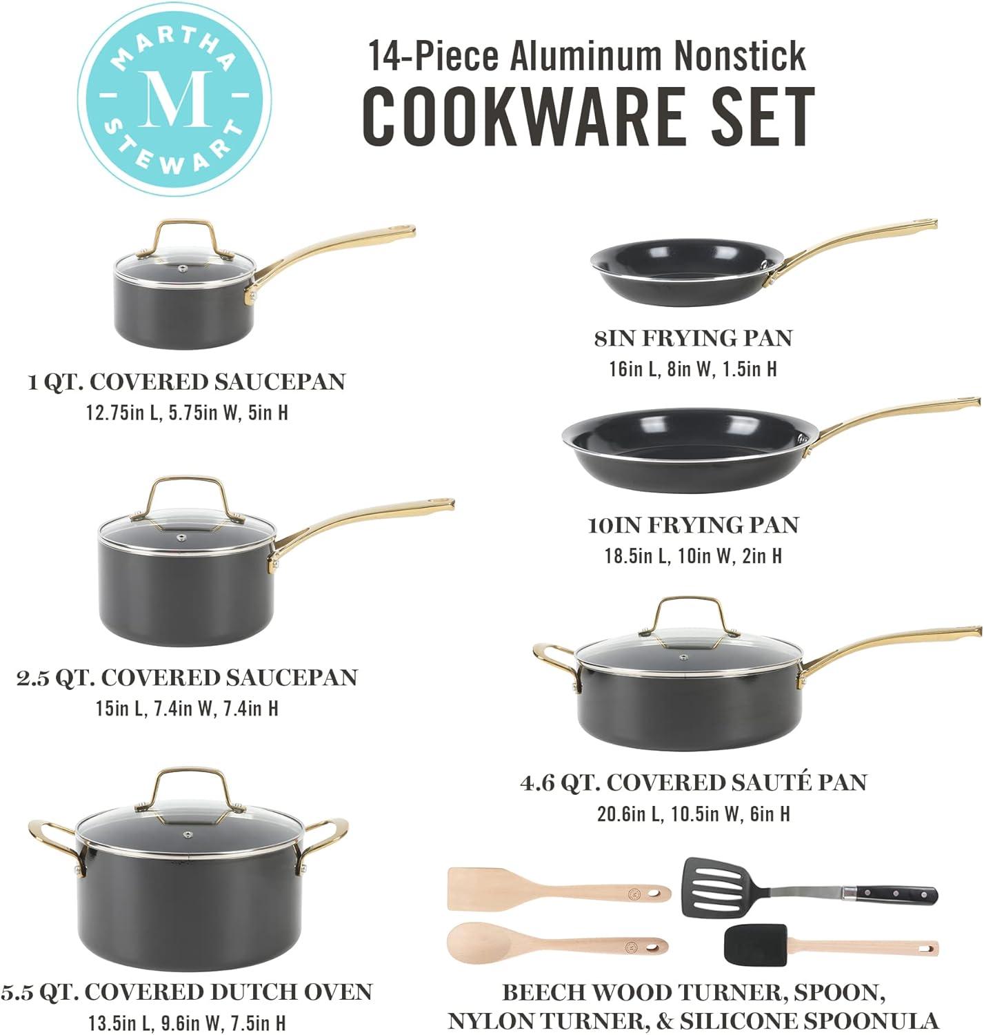 imageMartha Stewart Lockton 2 Piece 10quot ampamp 12quot Heavy Gauge Aluminum Premium Nonstick Fry Pan Set  LinenBlack w Gold Handles Ceramic Nonstick Cookware