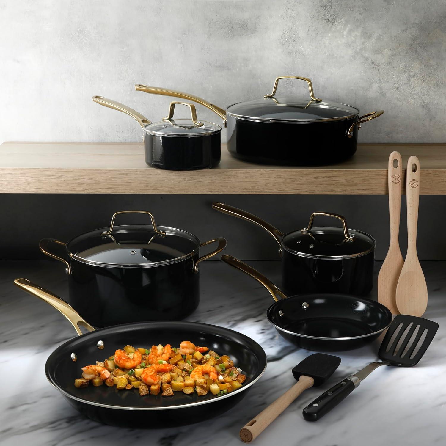imageMartha Stewart Lockton 2 Piece 10quot ampamp 12quot Heavy Gauge Aluminum Premium Nonstick Fry Pan Set  LinenBlack w Gold Handles Ceramic Nonstick Cookware