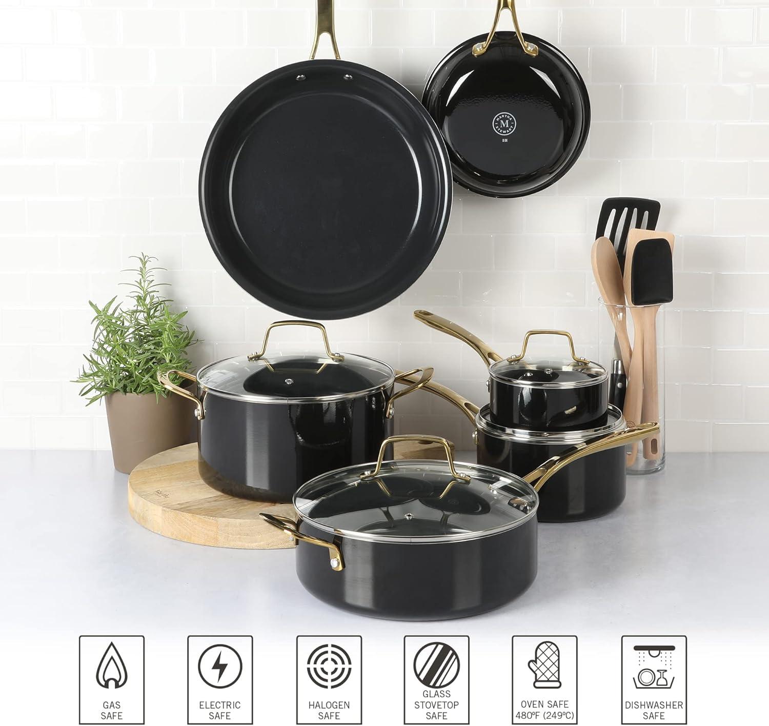 imageMartha Stewart Lockton 2 Piece 10quot ampamp 12quot Heavy Gauge Aluminum Premium Nonstick Fry Pan Set  LinenBlack w Gold Handles Ceramic Nonstick Cookware